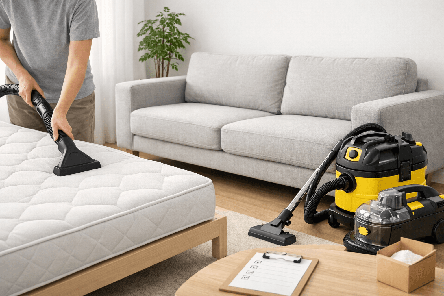 Image for article: Jarní čištění matrace a sedačky bez zamokření: suchý postup za 2 hodiny + kdy půjčit techniku